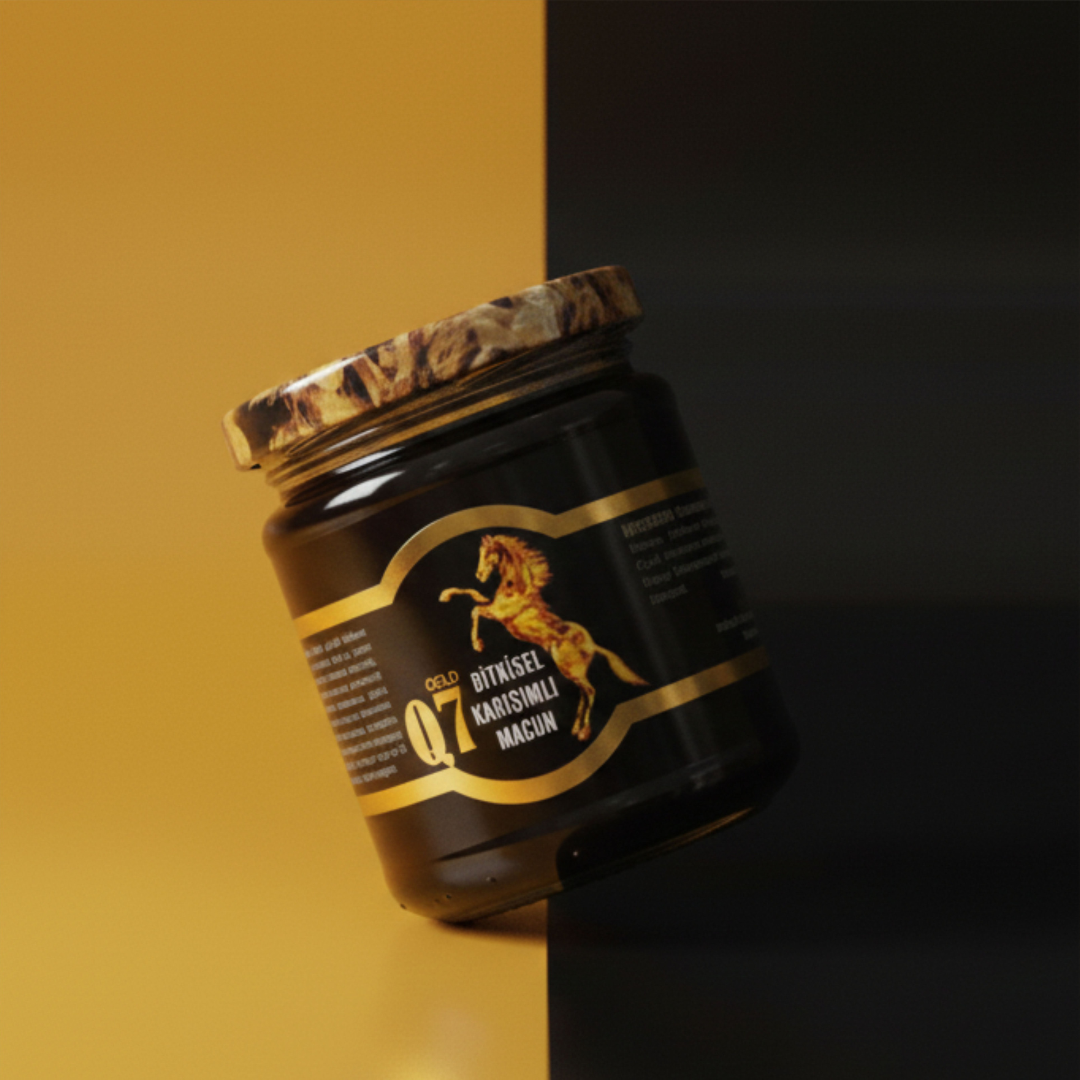 Jar of Q7 Gold Majoon with a gradient background.