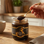 Hand holding a spoon with dark spread over a jar labeled 'Q7' on a wooden surface.