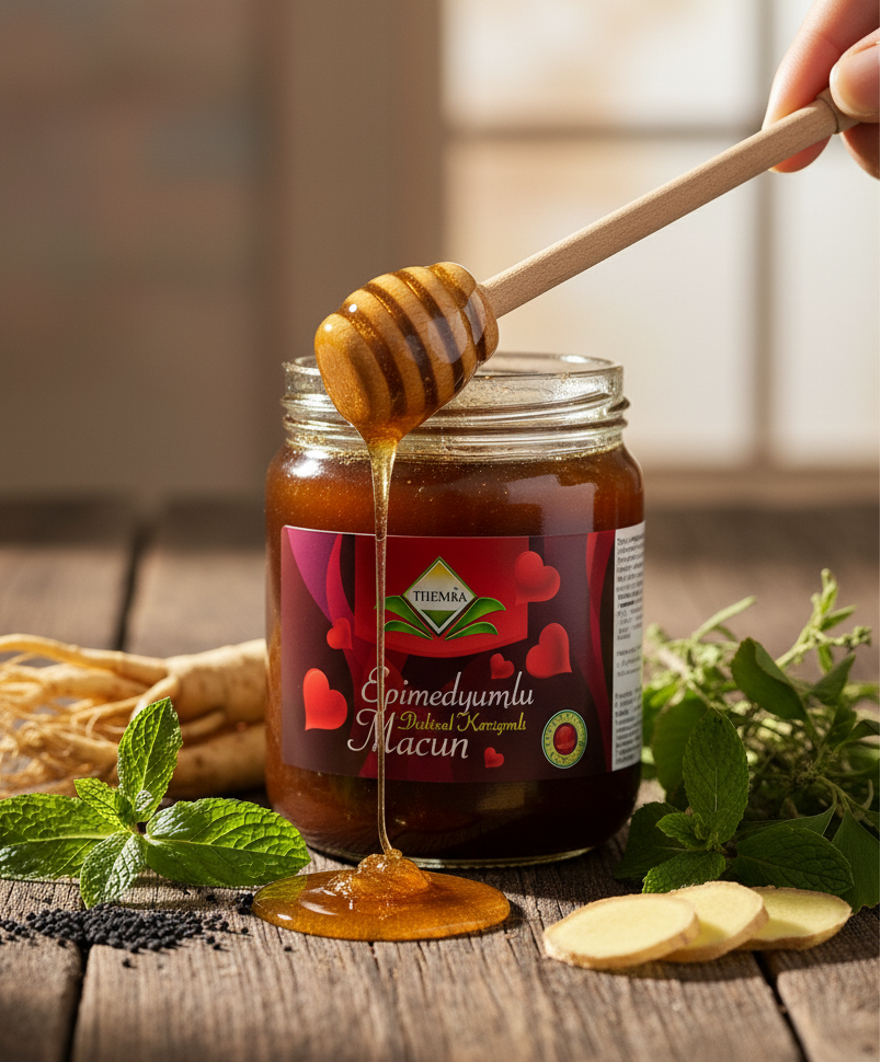Themra Epimedyumlu Macun with natural ingredients like cinnamon and mint for herbal wellness and energy.